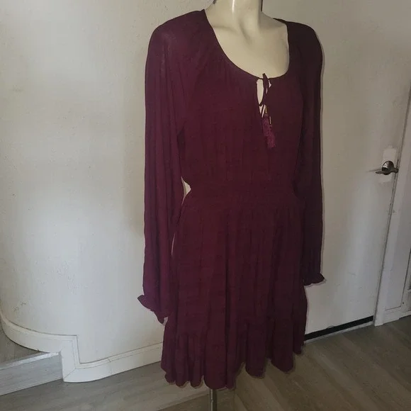Idyllwind Womens Smock Long‎ Sleeve Mini Dress Burgundy Lace Up Tassels Boho M - Picture 3 of 8